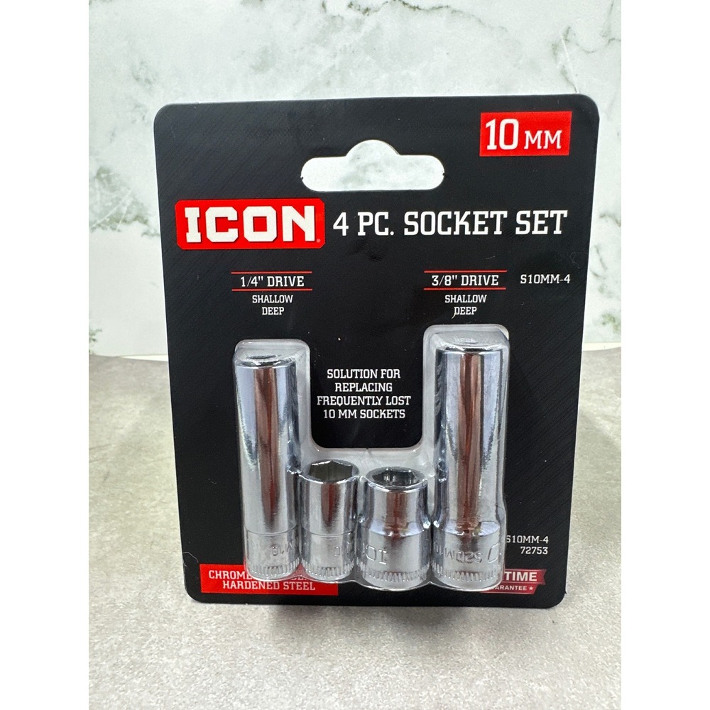Icon 4 Pc 10mm Socket Set 1/4 and 3/8 Drive Shallow Deep Chrome Steel 72753